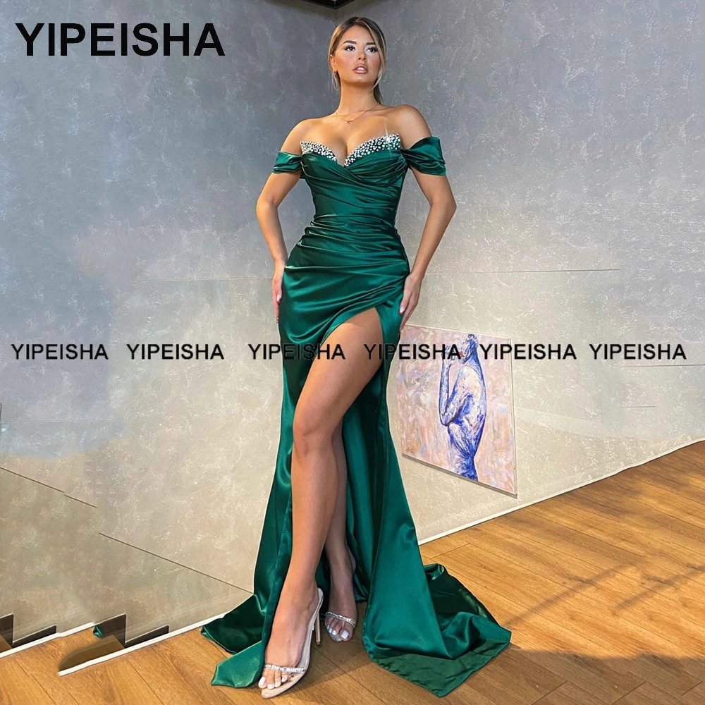 Yipeisha Emerald Green Evening Dresses Off-shoulder Satin Side Split Mermaid Party Dress Long Beaded Formal Banquet Prom Gown
