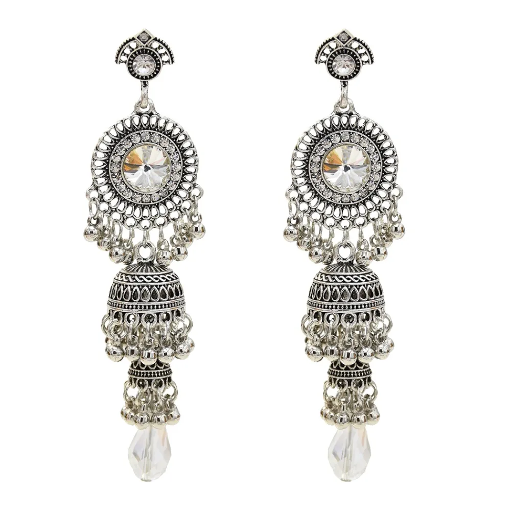 Этнические серебряные серьги-капли Jhumka Jhumki, оксидированные серьги с большим кристаллом павлина, мексиканские цыганские, афганские, Индия, этно-стиль, турецкие ювелирные изделия