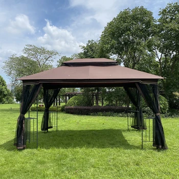 13x10Ft Outdoor Patio Canopy Gazebo Tent W/Ventilated Double Roof&Mosquito Net for Lawn Garden Backyard&Deck Brown/Gray[US-W] 4