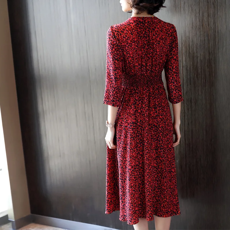 Лето Новое Женское вышитое бисером Настоящее шелковое Высококачественное элегантное винтажное платье красное платье с рукавом три четверти