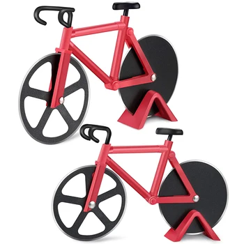 

2 Pcs Bicycle Shaped Pizza Cutter Dual Cutting Wheels Bike Pizza Slicer with Stand for Pizza Kitchen Gadgets