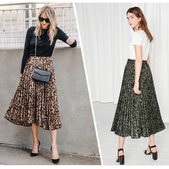 

Plus Size Leopard Print Skirts Womens New Spring Autumn A Line Pleated Long Skirt Casual High Waist Maxi Skirts Woman Streetwear