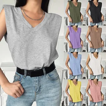 

harajuku 2020 ladies shirts Ladies Fashion Solid Sleeveless V-neck T-shirt With Shoulder Pad Loose Vest Soft Tops camiseta mujer