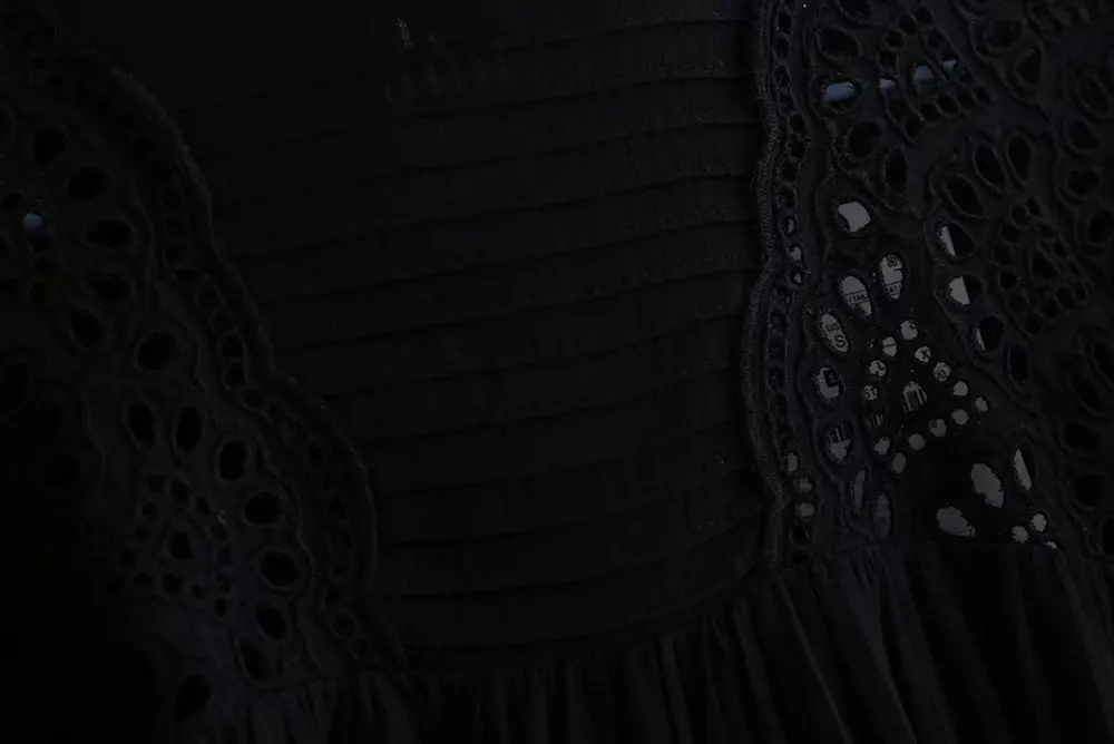 Женская мода о-образным вырезом выдалбливают Вышивка Лоскутная черная рубашка Офисная Леди гофр оборки блузки шикарные femininas Топы LS4292