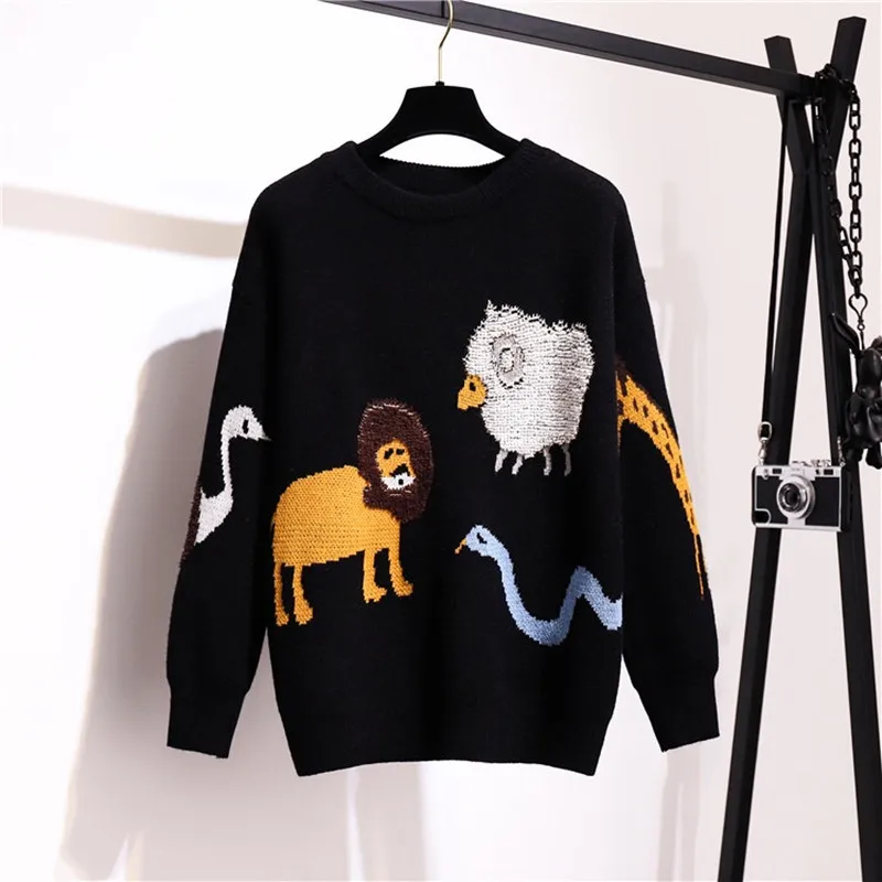 sweater Новинка, Зимний вязаный комплект из 2 предметов, женский модный жаккардовый Свободный пуловер с изображением животных, свитер, топ+ черная юбка миди, комплект - Цвет: sweater