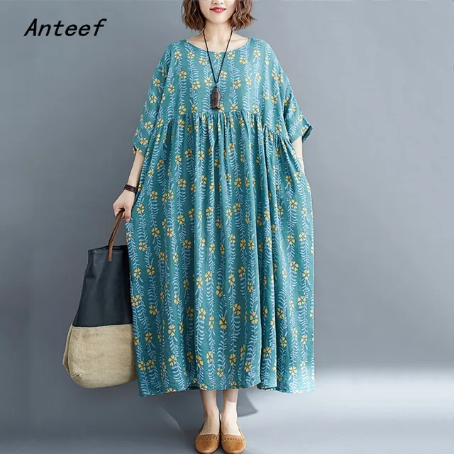 short sleeve plus size cotton vintage floral dresses for women casual loose long sun summer dress elegant clothes 2021 sundress 1