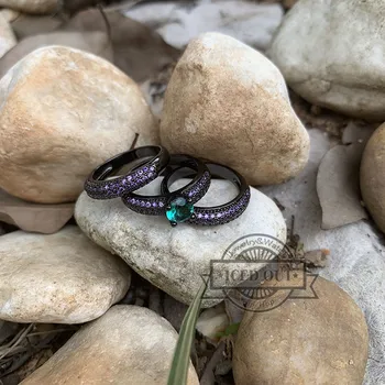 

Stylish Hot Sell Low Price Purple Cubic Zirconia Three Ring Set With Green Tourmaline Gemstone