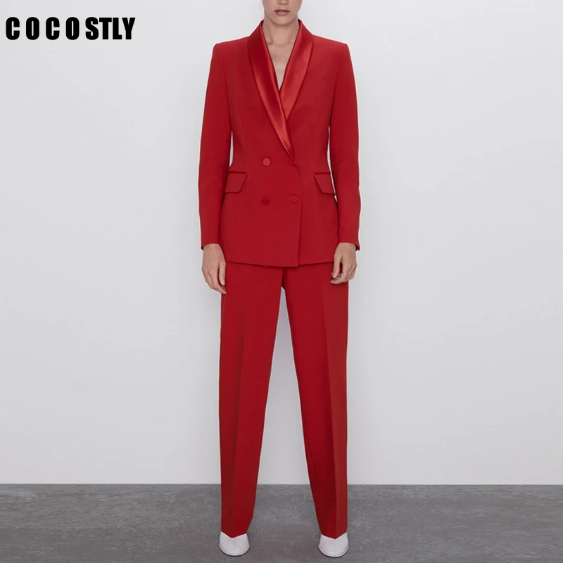 Осень Для женщин брючный костюм красные элегантный двубортный Офисные женские туфли пиджаки куртка с брюки с молнией женские Двойка набор