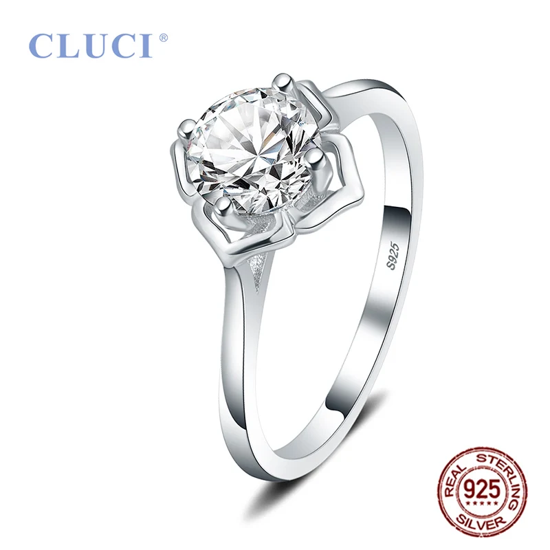 

CLUCI 100% Genuine 925 Sterling Silver Shining AAA White Zircon Flower Women Finger Rings Fine Jewelry Rings Gifts DR1069SB