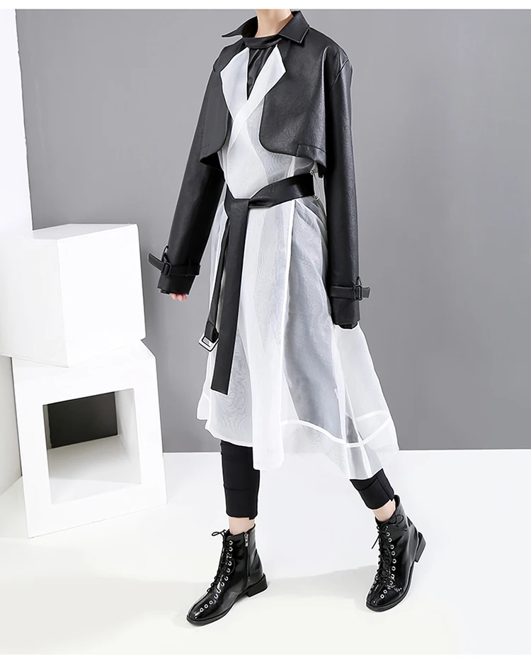Новинка, корейский стиль, женский зимний длинный Тренч, искусственная кожа, со вставками и поясом, Женская стильная длинная куртка, ветровка, верхняя одежда 5584