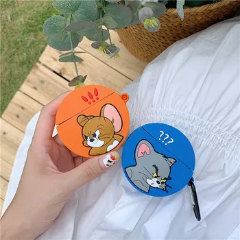 

3D Cute Cartoon Cat and Mouse Soft Silicone Round Earphone Case Shockproof Headphone Cover For Apple Airpods 1/2 Cases with Hook