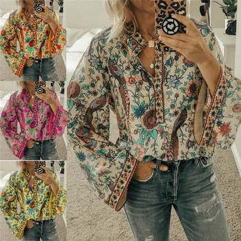 

2019 Vintage Women Boho Lantern Long Sleeve Loose Shirt Blouses Tops Ladies Hippie Gypsy Tunic Blouse Shirt Floral Print Outwear