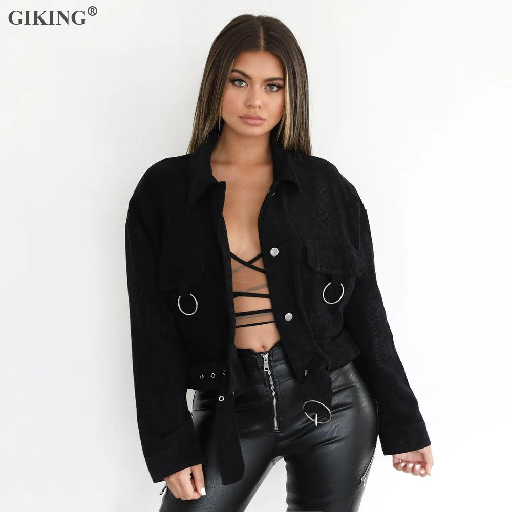 

GIKING Winter Jeans Jacket Women Corduroy Coats 2019 Long Sleeve Pocket Parkas Jacket Short Overcoat Vintage Streetwear Outwear