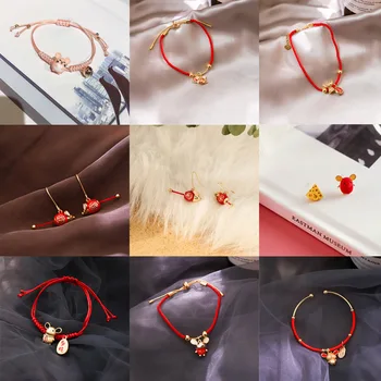 

2020 New Fashion Lucky Mouse Earrings Silver Needle Red Rope Knitting Bracelet Women Year Of The Rat Twelve-year Zod Necklace