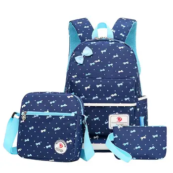 

3pcs/set Women Backpack Bow Printing Canvas School Bags For Teenager Girls Preppy Style Rucksack Cute Book Bag Mochila Feminina