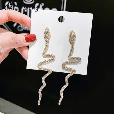 New Long Tassel Crystal Drop Earrings for Women Shiny Snake Shape Rhinestone Dangle Earring Fashion Earing Jewelry Gifts | Украшения и
