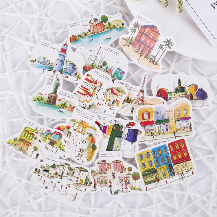 

16Pcs/Set Water Color City Building Street Sticker DIY Craft Scrarpbooking Album Junk Journal Planner Decorative Stickers