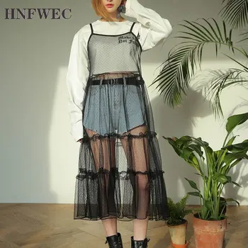 

2019 Spring New Style Mesh Sling Semi-transparent Perspective Long Wave Point Loose Fashion Women Summer Dress R971