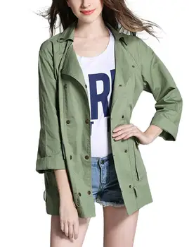 

MISSKY Women's Coat Three Quarter Sleeve Lapel Double breasted Jacket Coat Army Green Female Tops Solid Color