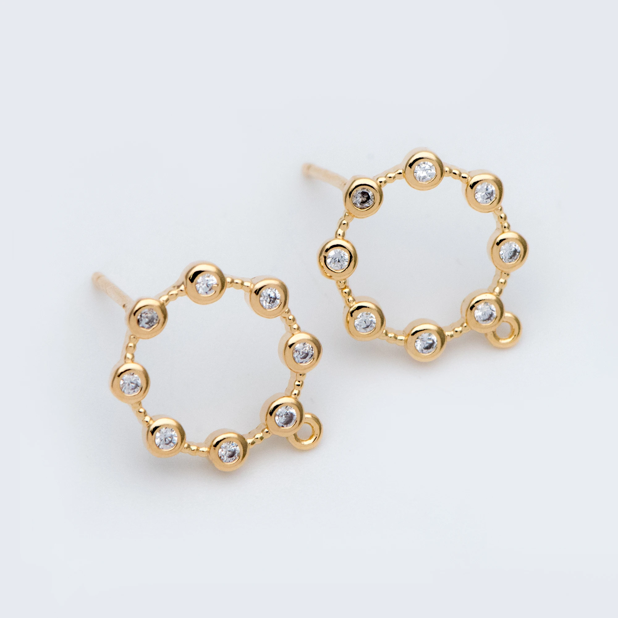 

10pcs CZ paved Gold Circle Ear Posts, Geometric Stud Earrings with Loops, DIY Earring Findings (GB-750)