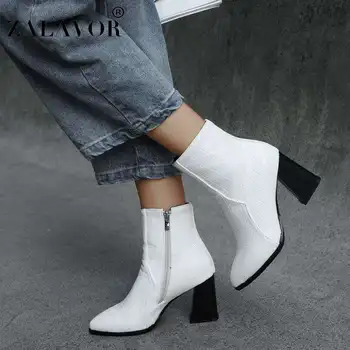 

ZALAVOR Women Ankle Winter Warm Boots Rough Heel Zipper Short Plush Shoes Women Classic Pointed Toe Boots Size 32-43