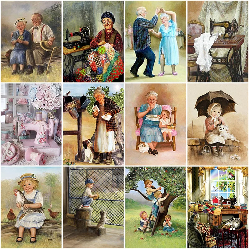 

DIY 5D Diamond Painting Old Couple Sewing Machine Full Square Rhinestone Diamond Embroidery Cross Stitch Cartoon Mosaic Decor