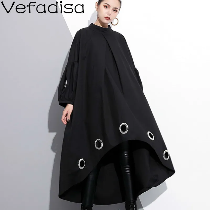 

Vefadisa Autumn Woman Solid Printed Iron Ring Decoration Dress Irregular Full Sleeve Loose Dress O-Neck Casual Dress 2019 QYF122