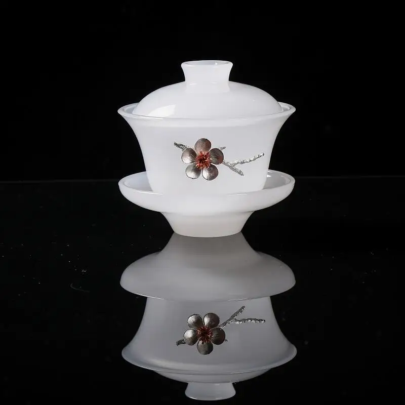 Tea Bowl Saucer Lid Kit 150ml Jade Porcelain Gaiwan Silver Decor Tea Tureen Chinese Kung Fu Tea Set Drinkware Teaware Container