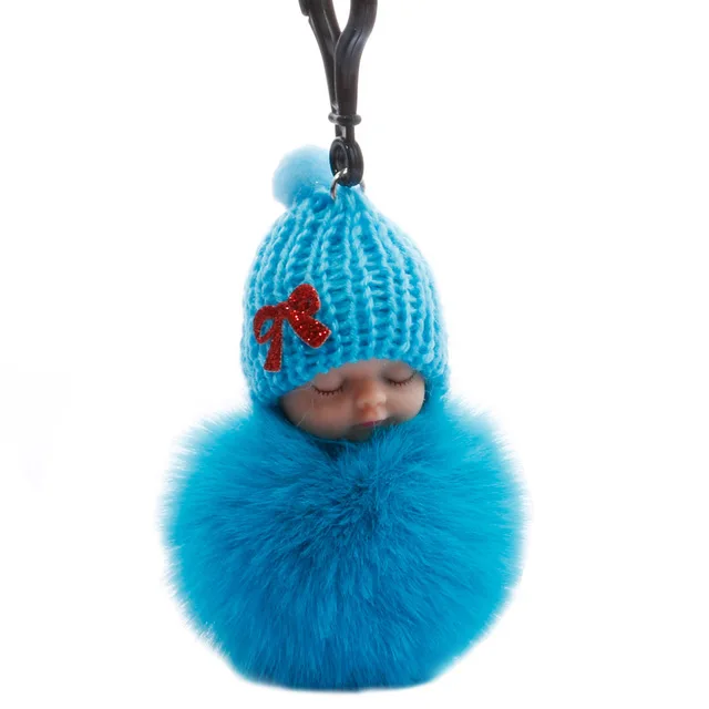 Baby Doll Toy DropshipCute Sleeping Baby Doll Key Chains For Women Bag Toy Key Ring Fluffy Pom pom Faux Fur Plush Keychains 18