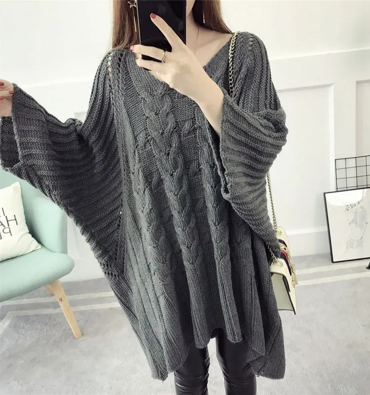 Свитер в стиле лени, Женский пуловер средней длины, осенняя одежда, свободный крой, массивная пряжа, рукав летучая мышь, студенческое вязаное пальто F