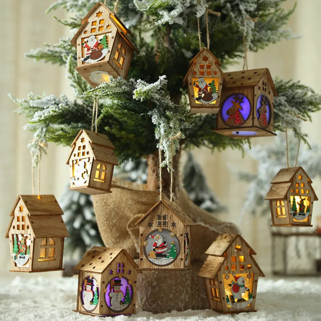 Christmas Snowman Santa LED Light Wood House Hanging Party Tree Decor Ornament