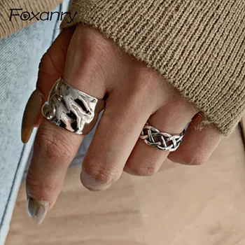 

Foxanry Minimalist 925 Sterling Silver Width Opening Rings for Women Couples Vintage Terndy Cross Weaving Party Jewelry Gifts