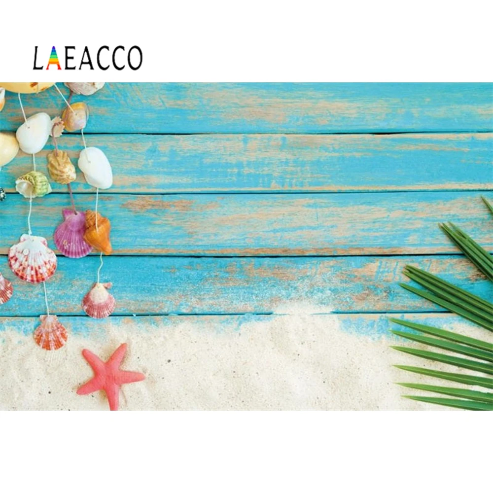 

Laeacco Blue Wooden Board Starfish Beach Summer Photo Backgrounds Customized Photographic Backdrops For Photophone Photo Studio