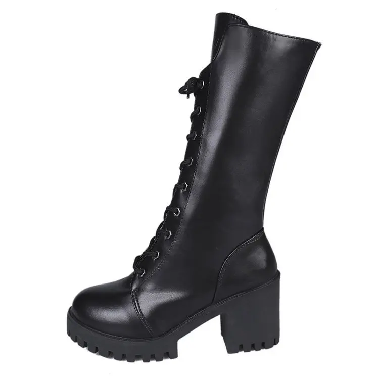 

Hot Sale Spring Autumn Lacing Knee High Boots Women Fashion Black Square Heel Woman Leather Shoes Winter