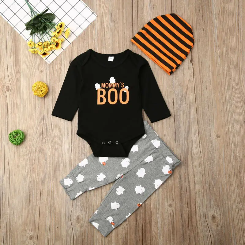Комбинезон с длинными рукавами и буквенным принтом для новорожденных и маленьких мальчиков, штаны, полосатая шляпа, наряды, комплект одежды на Хэллоуин