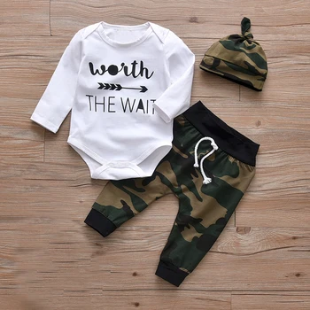 

3Pcs Summer Newborn Baby Boy Casual Outfits Short Sleeve O-neck Tops Cotton Romper+Camouflage Pants Hat Set