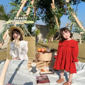 

2020 spring new baby girls sweetheart big lapel lace dress children solid color buttons with color lace stitching dress