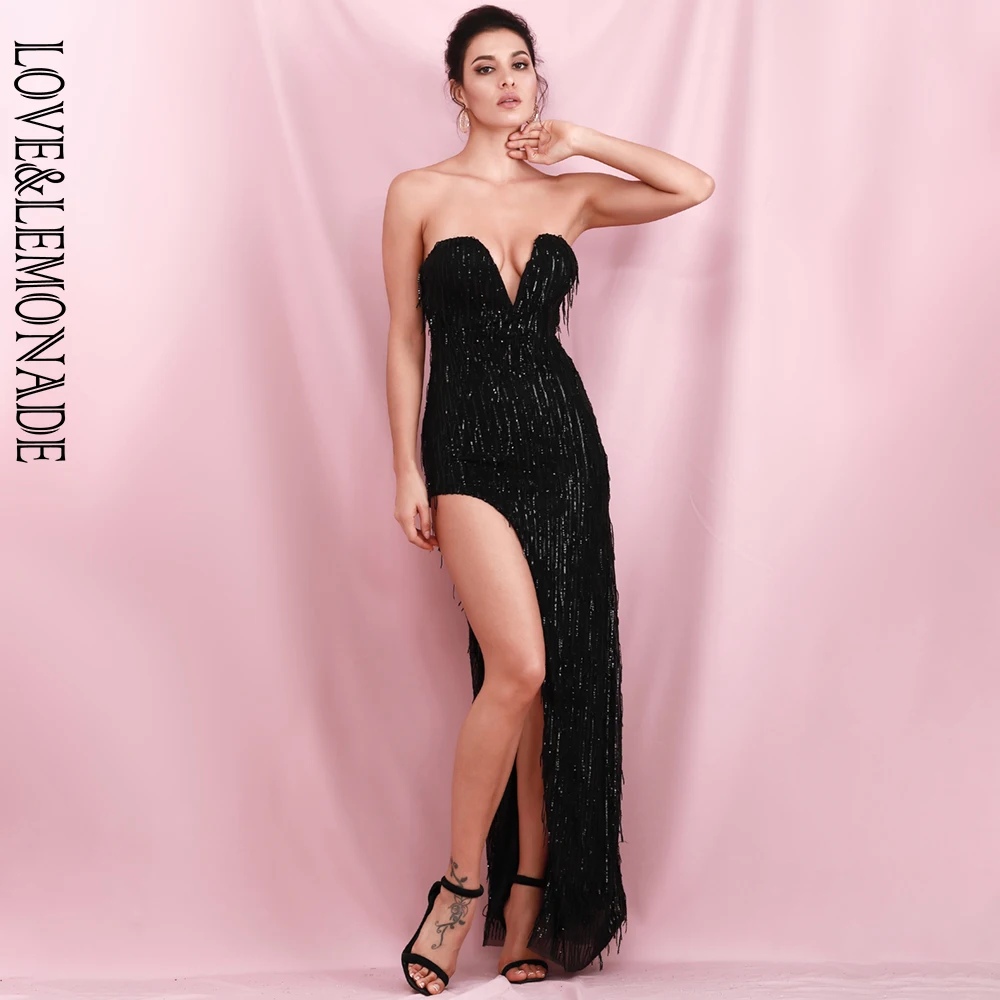Женское вечернее платье макси LOVE &amp LEMONADE черное облегающее с V-образным вырезом и