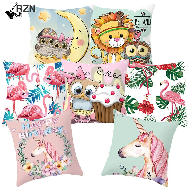 

Flamingo Owl Cartoon Cushion Cover 45x45 Decorative Sofa Cushions Pillowcases Polyester Cute Pink Pillow Covers Home Decoration