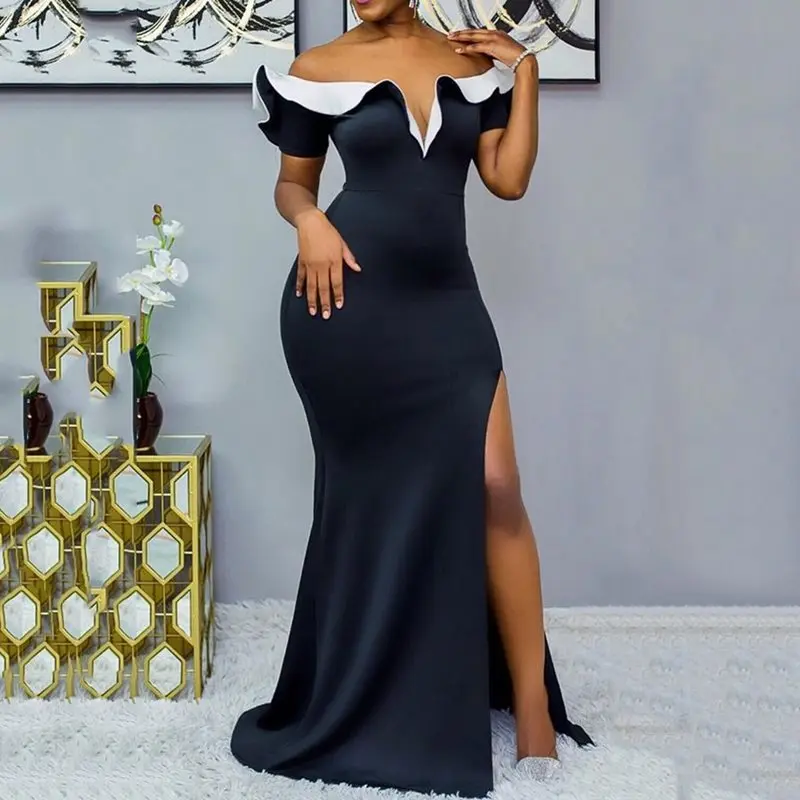 Split Floor-Length Sexy Deep V Color Block Dress Women 2019 Autumn Elegant Party Evening Black Dresses Bodycon Long Robe Vestito