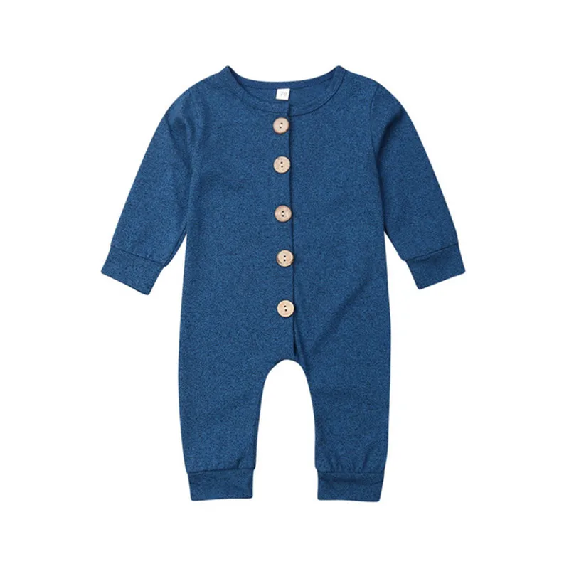 Брендовая одежда для новорожденных, Детский комбинезон для младенцев мальчиков девочек От 0 до 2 лет с длинным рукавом Повседневное комбинезон с однотонными пуговицами; одежда для малышей; сезон осень E0321 - Цвет: Blue