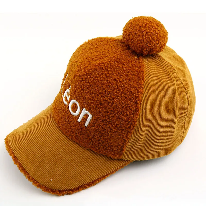 Детский шерстяной помпон, бейсбольная кепка со смайликом и буквенным принтом, шерстяная шапка, Осенняя детская теплая зимняя шапка s, детские зимние шапки 3-8 лет - Цвет: coffee LEON