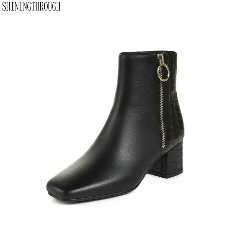 

Genuine Leather Women Ankle Boots square Toe high Heels Western Boots zipper 2019 New Punk Party Night Club Shoes Woman