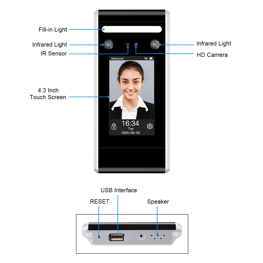 US $85.75 WiFi Dynamic Facial Access Control Time Attendance Machine Biometric IR Face Recognition 125KHz1356MHz RFID Keypad TCPIPUSB