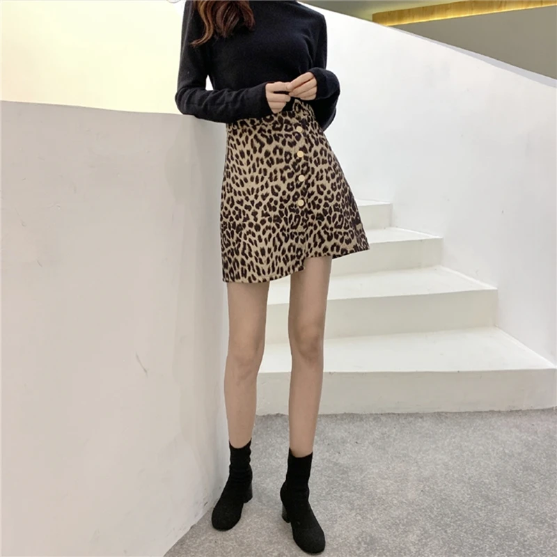 RealShe Женская мини юбка с высокой талией леопардовые кнопки с рисунками Асимметричная леопардовая юбка Женская весенне-осенняя Повседневная Jupe Femme