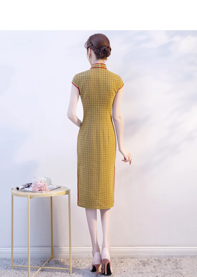 Open Rain New Style Cotton Linen Medium-length Cheongsam Five-Color Plaid New Style GIRL'S Cheongsam Dress Elegant Daily Li