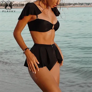 

2020 Sexy Solid Ruffled Bandeau High Waist Bikini Set Removable Strap Swimsuit Women Swimwear Dress Beach Wear Swim Bathing Suit