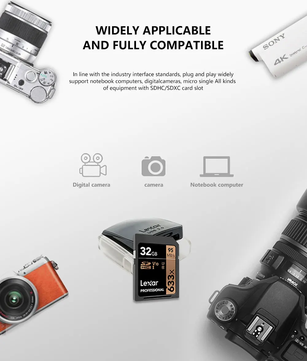 Lexar SD Card 633x Original 95M/s 32GB U1 SDHC 64GB 128GB 256GB 512G U3 SDXC Class 10 Memory Card For 1080p 3D 4K video Camera