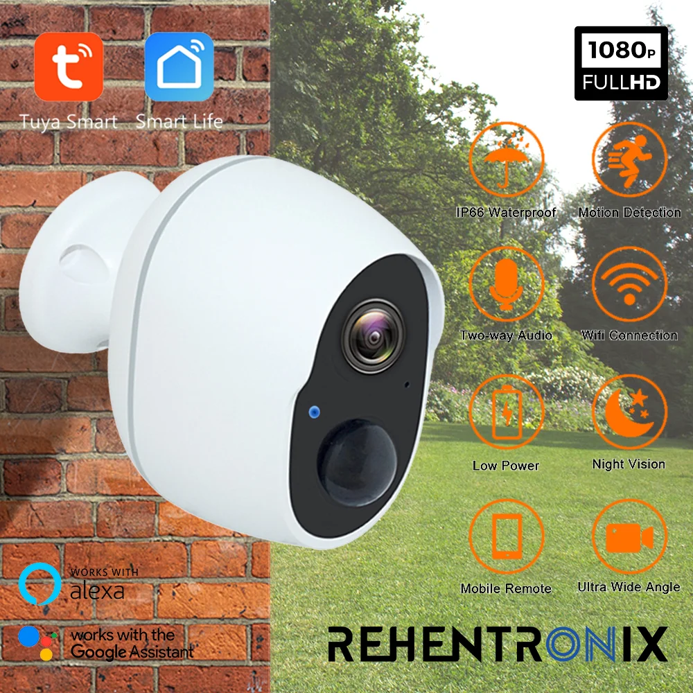 

IP-камера Tuya с Wi-Fi и аккумулятором, IP66, 1080P, 100%, 6000 мА · ч