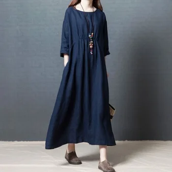 

Casual Dress Women Spring 2020 Loose Plus Size Pocket Solid Blue Fashion Street School Oversized Robe Girl Simple Midi Dresses